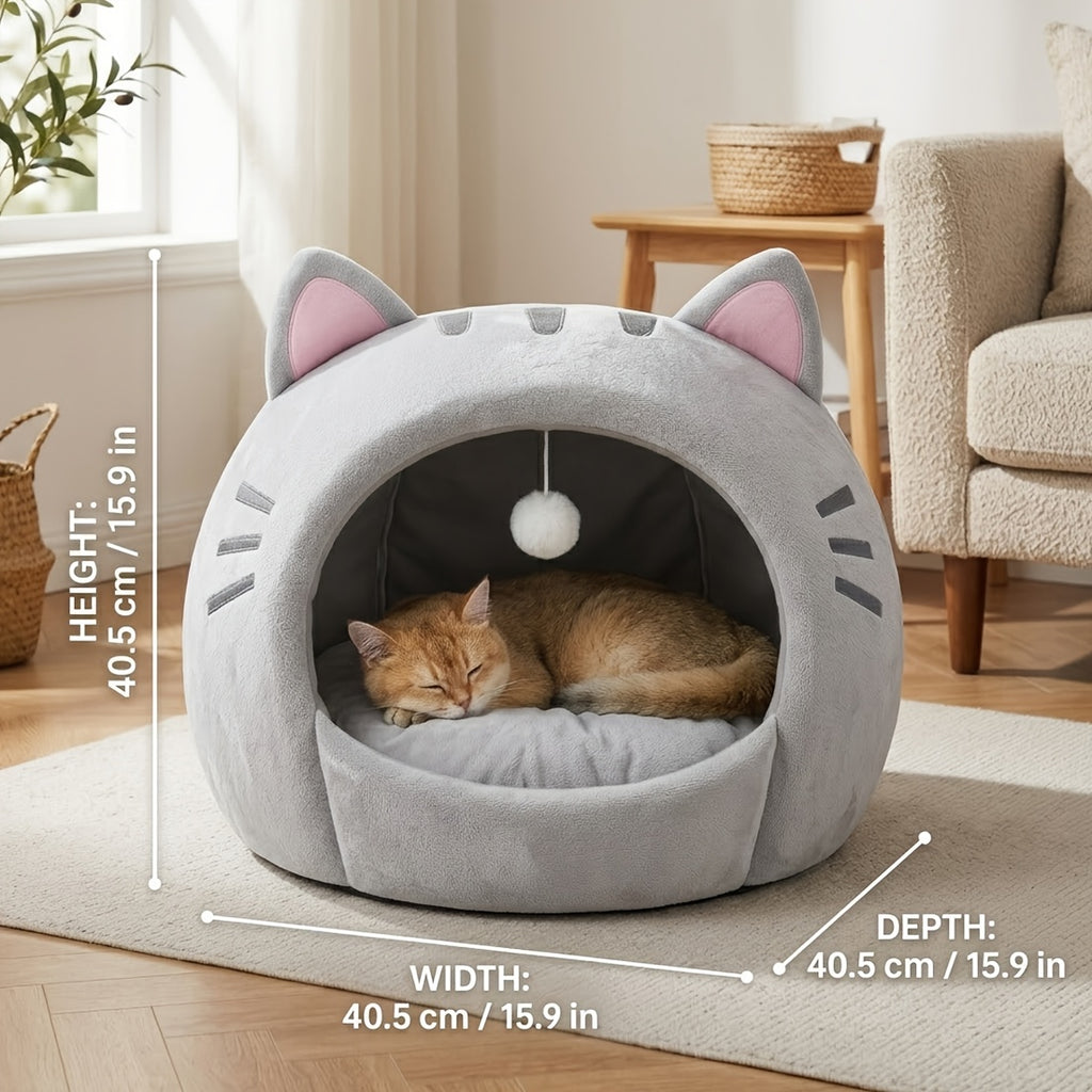 Enclosed Cat Bed with Washable Cushion, Gray Plush Cat Tent with Hanging Toy Ball, S to XL Indoor Cat House with Included Pet Bandana