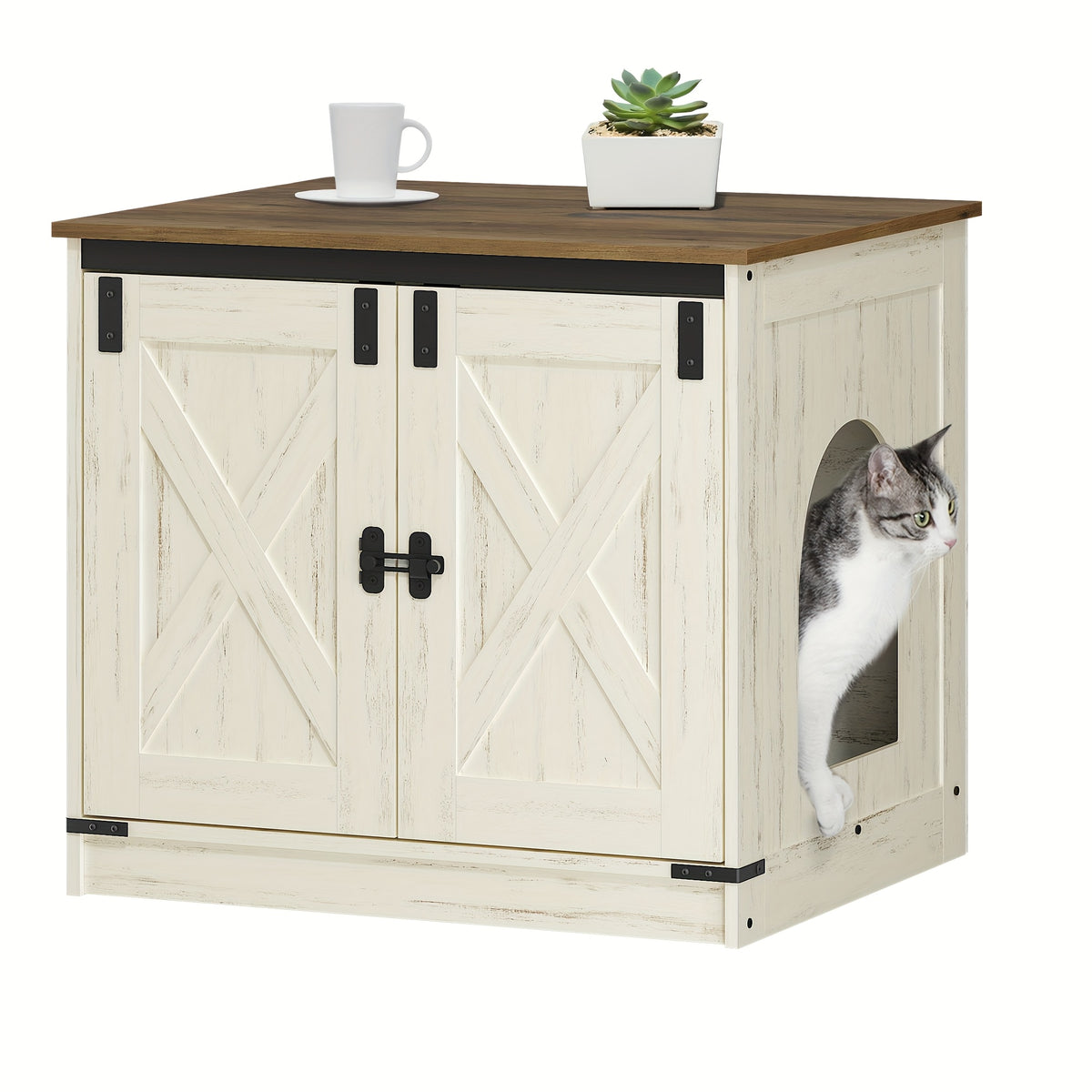 Hidden Litter Box Furniture with Barn Doors, Farmhouse Cat Cabinet with Reversible Entrance, Removable Divider and Ventilation Holes