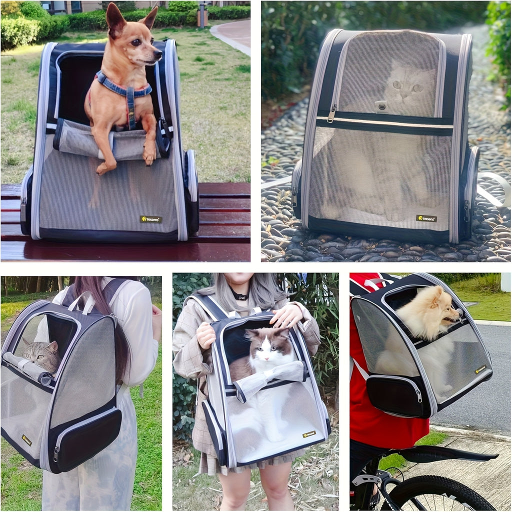 Mesh Cat Carrier Backpack, Foldable Pet Travel Bag with Three-Sided Ventilation, Chest Buckle and Removable Mat for Cats and Small Dogs, Purple or White