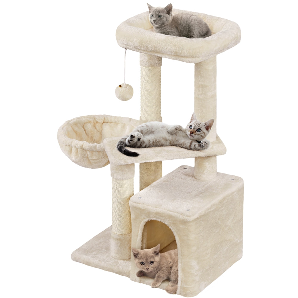 Cat Tree 34.5 Inch with Condo and Basket, Plush Indoor Cat Tower with Nest, Platform, Three Sisal Scratching Posts and Scratching Board in Five Colors