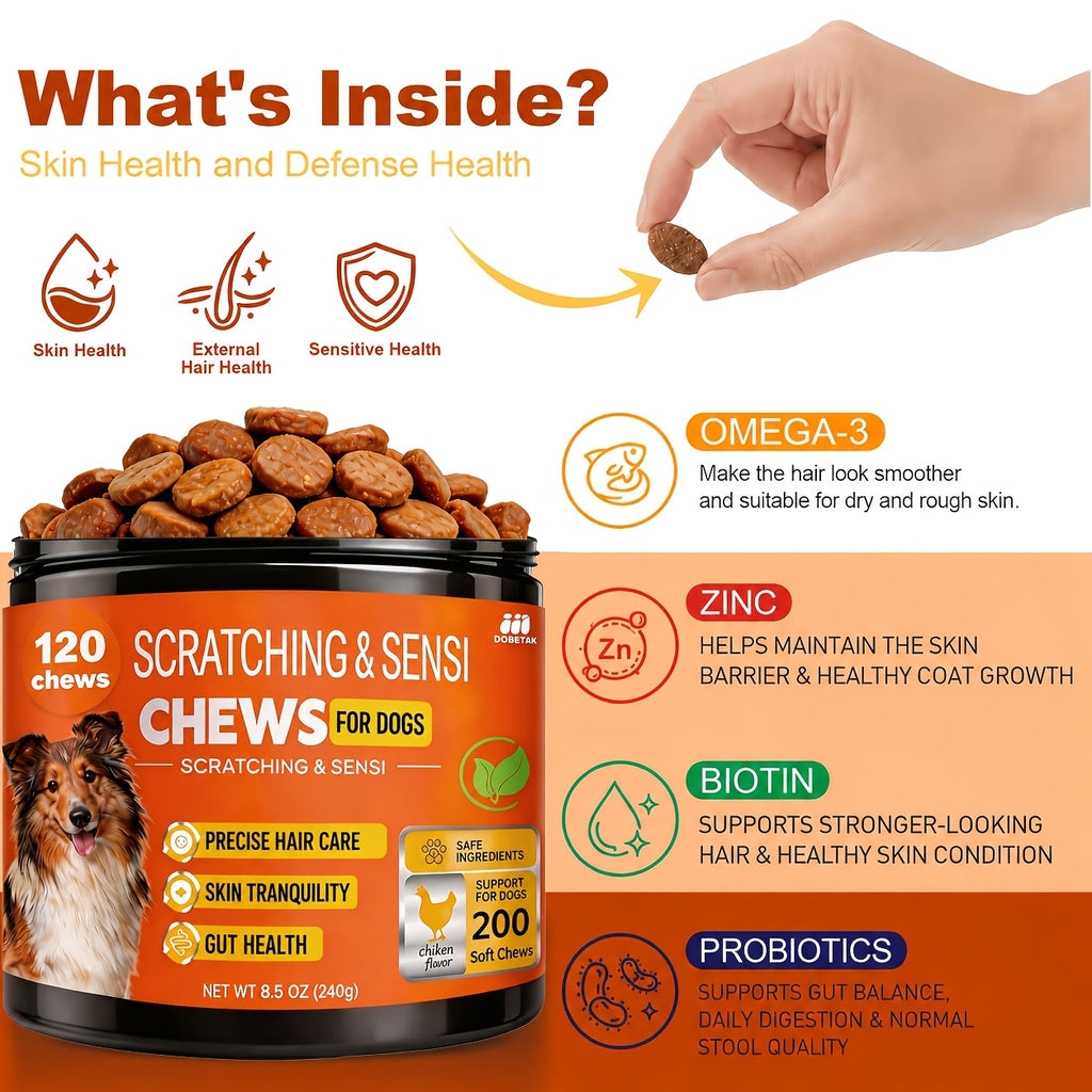 Chicken Flavor Dog Supplement Chews, 120 Count with Listed Probiotics and Omega for Owner-Managed Canine Skin and Coat Care Routines