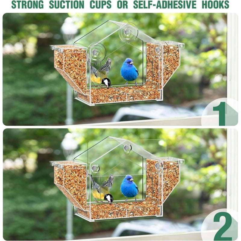Window Bird Feeder with Dual Side Hoppers, Extra Large Clear Outdoor Feeder with Suction Cups and Adhesive Mount for Indoor Bird Watching