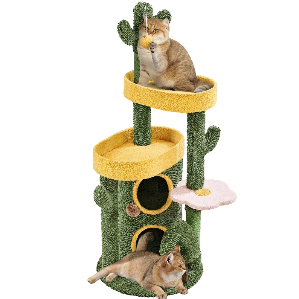 Cactus Cat Tree 48.5 Inch, Oasis-Themed Fleece Cat Tower with 3 Perches, Condo, Scratching Posts and Toys for Small Medium Indoor Cats, Green Yellow