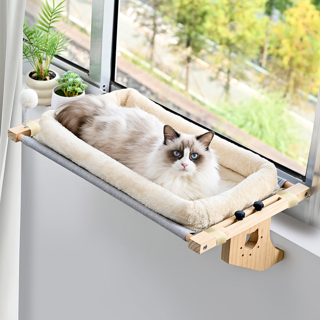 Wooden Cat Window Hammock, 19.7 x 15 Inch Adjustable Windowsill Perch with Plush Cushion and Optional Cooling Mat for Indoor Cat Lounging