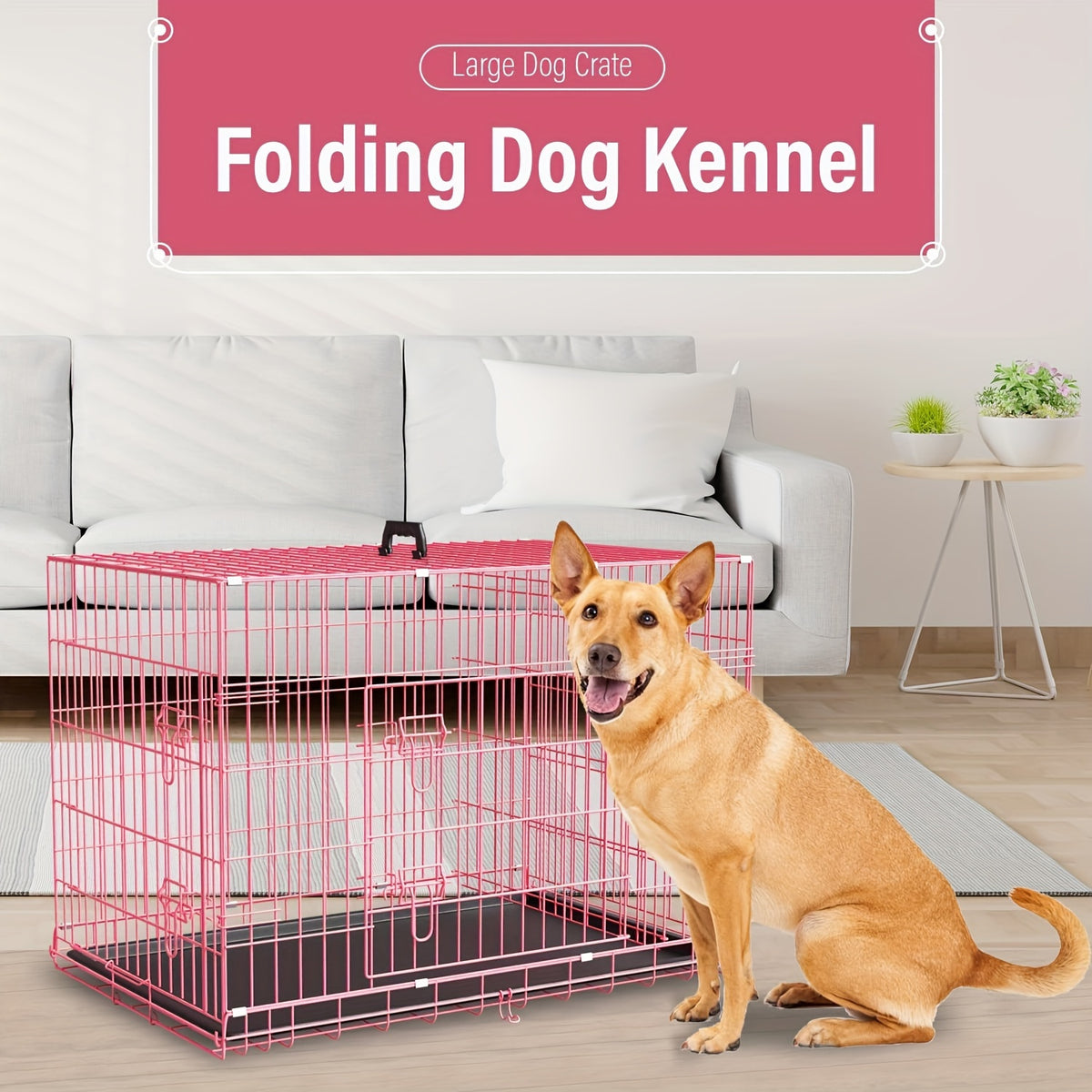 Dog Crate 42 or 48 Inch with Double Doors, Folding Metal Wire Kennel with Divider and Removable Leak-Proof Tray in Black, Blue or Pink for Home Training