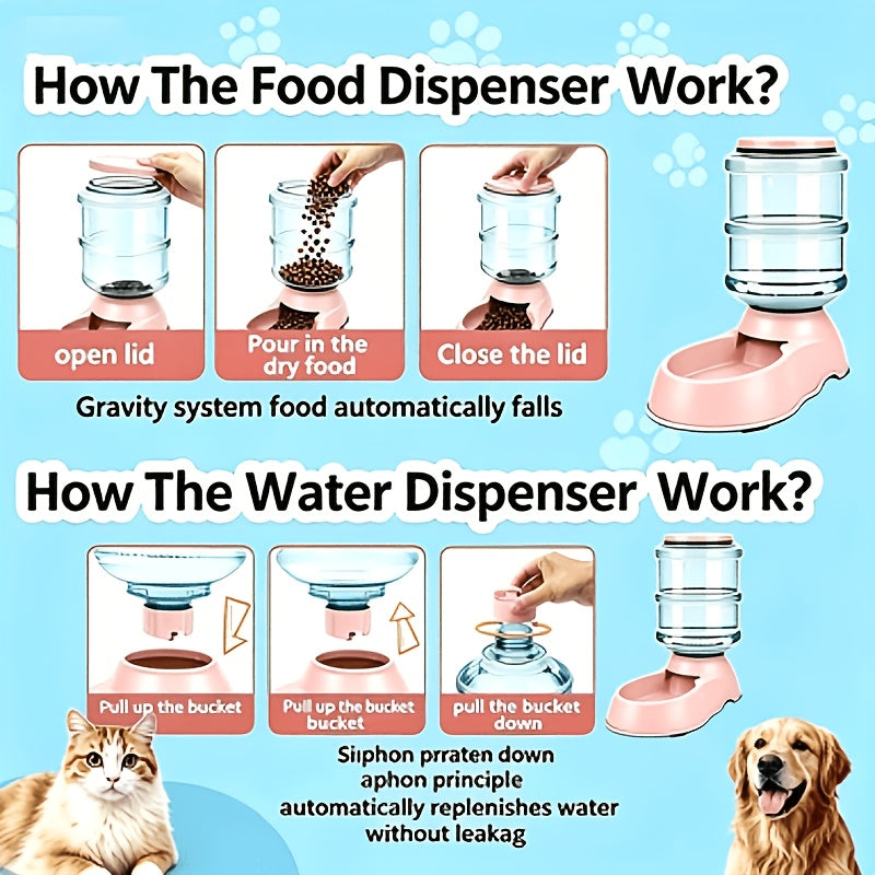 Gravity Pet Dispenser for Food or Water, Battery-Free Feeder or 1 Gallon Waterer with Clear Reservoir for Cats and Small to Medium Dogs, Three Colors