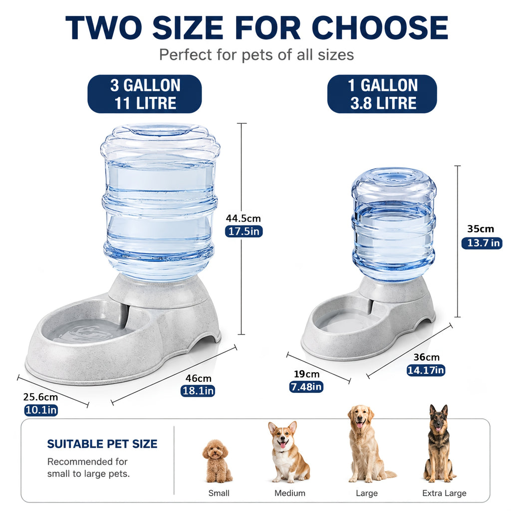 Gravity-Fed Dog Water Dispenser 2.91 Gallon, Gray Large Capacity Pet Waterer for Dogs and Cats, Automatic Refill Drinking Station for Home
