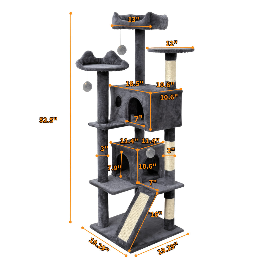 Cat Tree with Climbing Ramp for Indoor Cats, Multi-Level Plush Tower with Sisal Scratching Posts, Cozy Beds, Hanging Toys and Anti-Tip Design