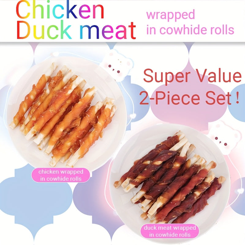 Cowhide Rolls for Dogs, 2 Pack Combination Chew Treats with Chicken or Duck Wrapping, Long Lasting Beef Skin Rolls and Jerky for Small Medium Large Dogs, Individually Packaged Dog Snacks for Training and Daily Chewing