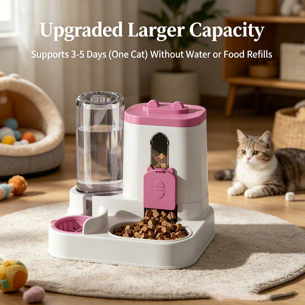 2-in-1 Cat Feeder and Water Dispenser, Non-Electric Gravity Food and Water Station for Cats and Small Dogs with Optional Cleaning Brush