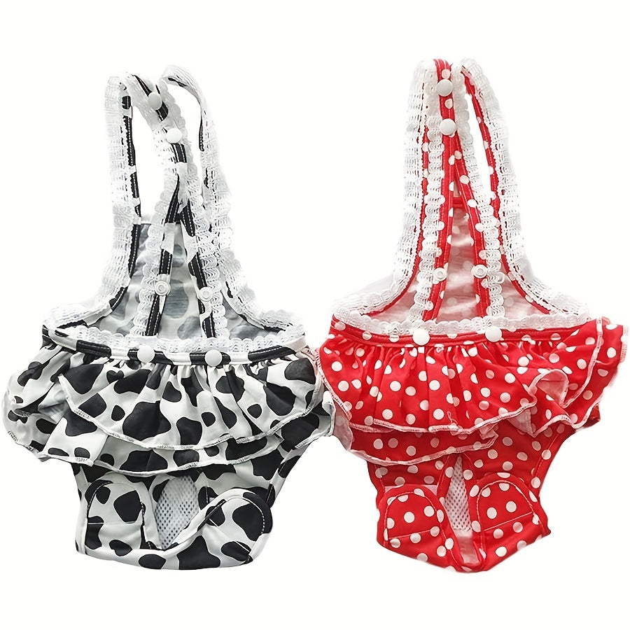 Washable Female Dog Diapers with Suspenders, 2-Pack Reusable Heat Cycle Sanitary Panties in Red Polka Dot and Cow Print, XXL Size