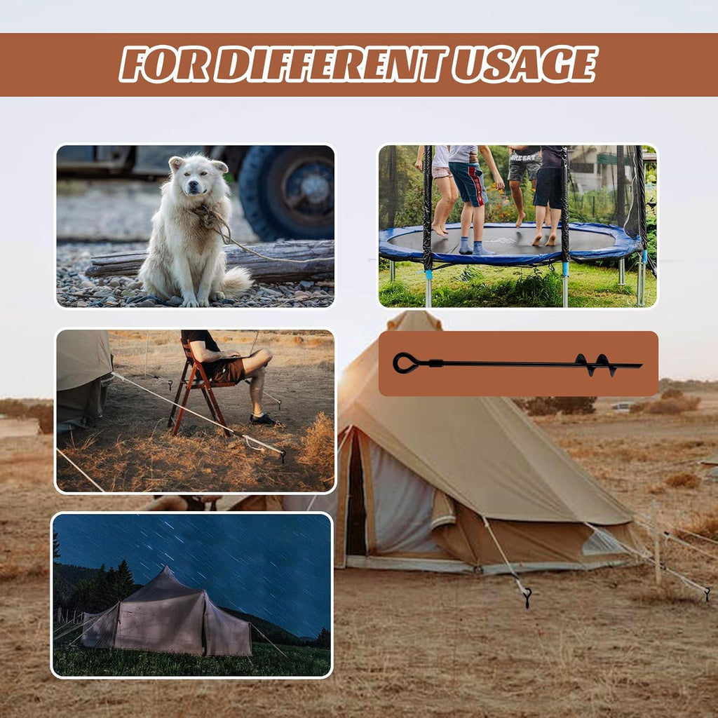 Screw In Ground Anchors 18 Inch with Folding Rings, Spiral Metal Stakes in 4, 6 or 8 Packs for Supervised Dog Tie Outs and Camping Setups