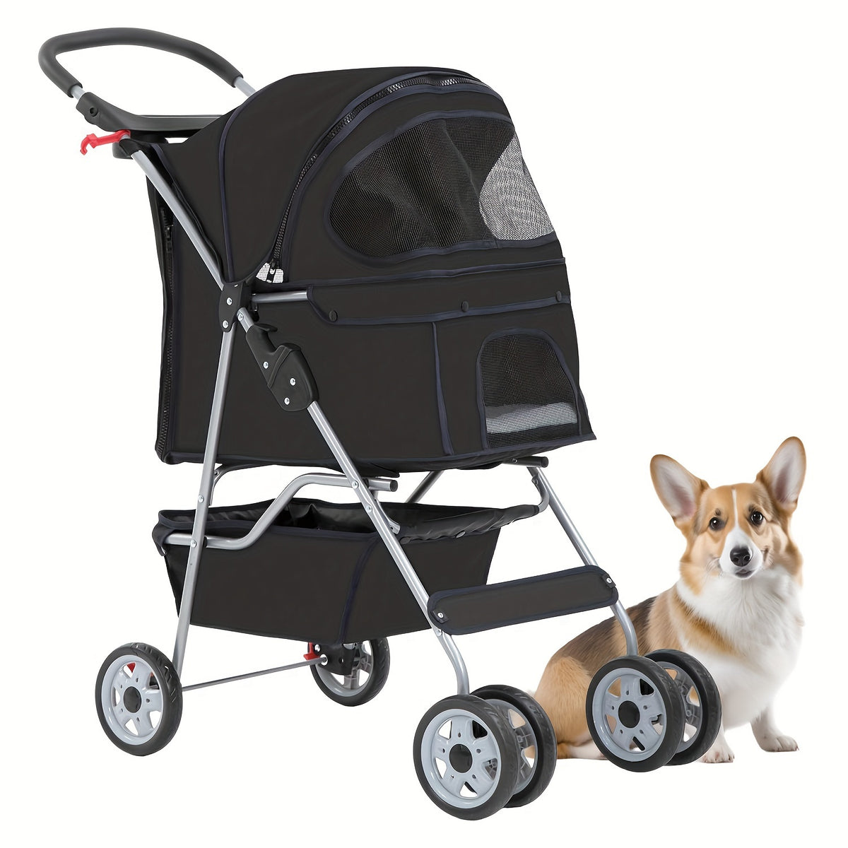Pet Stroller with Four-Wheel Layout, Folding Frame and Mesh Canopy, Dog and Cat Pushchair with Storage Basket, Cup Holder and Removable Liner