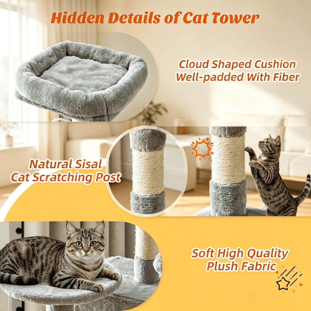 Cat Climbing Tower 44 Inch Multi-Level, Cat Activity Tree with Large Hammock, Enclosed Condo, Top Perch, Natural Sisal Scratch Posts and 2 Hanging Ball Toys for Multiple Cats