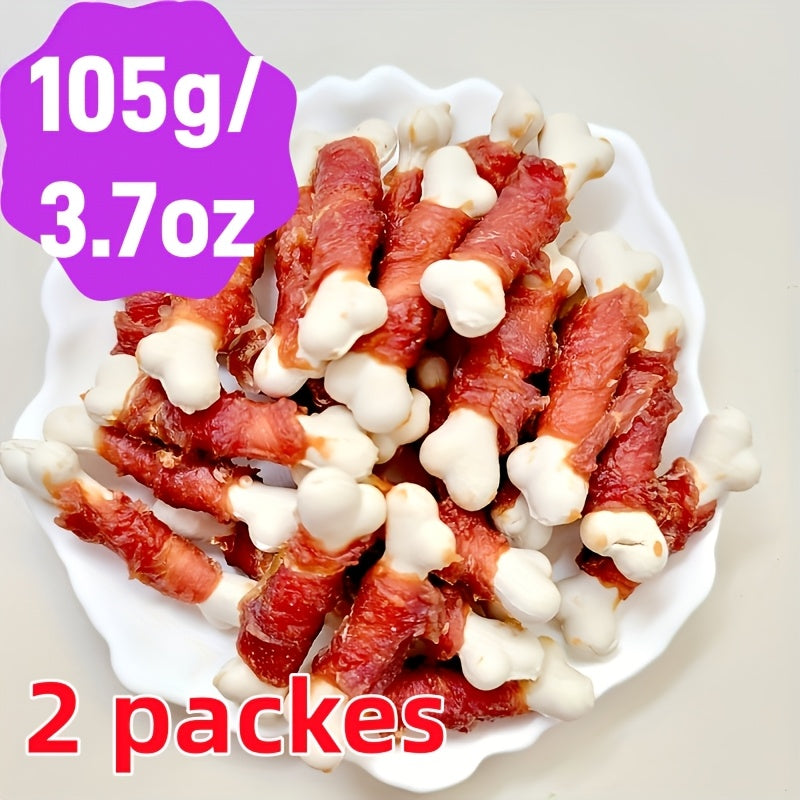 Meat Wrapped Dog Biscuits, Chicken or Duck Bone-Shaped Chew Treats with Hard Biscuit Core, Two-Pack Options for Supervised Everyday Snack Time