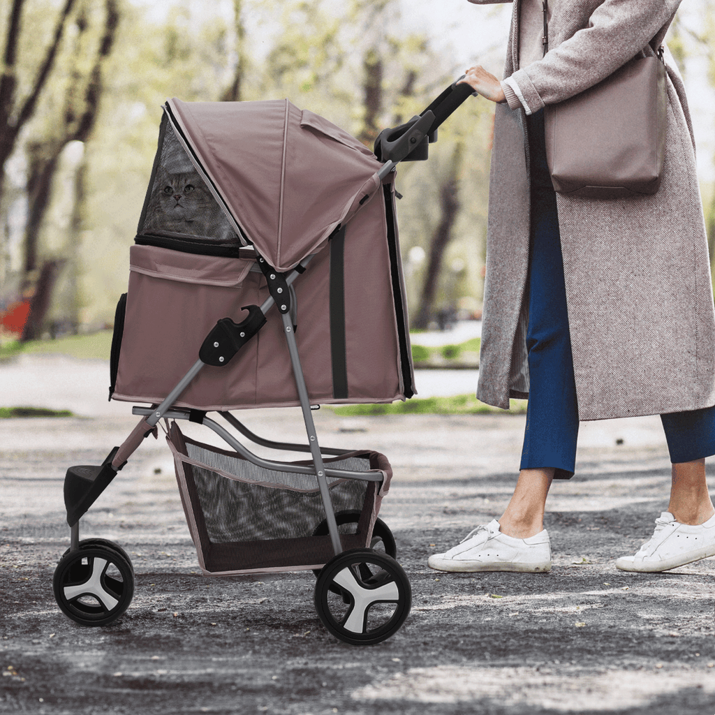 Foldable Dog Stroller for Small Dogs and Cats, 3-Wheel Pet Pushchair with Weather Cover, Breathable Mesh, Storage Basket and Cup Holder