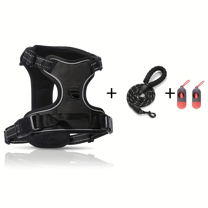 Dog Harness 4-Piece Walking Set with Reflective Strips, Adjustable No-Pull Chest and Back Straps and Padded Leash for Small to Large Dogs