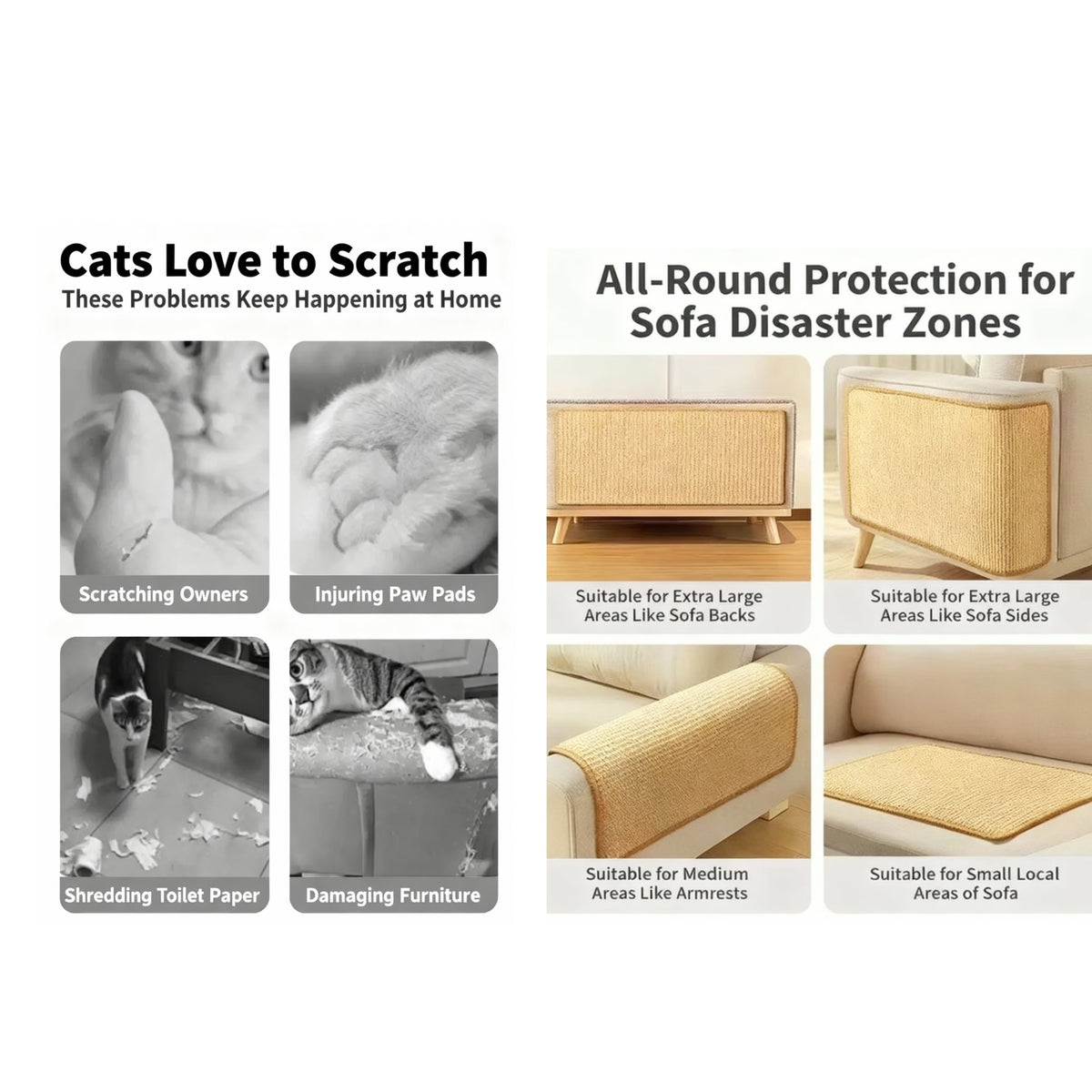Sisal Cat Scratcher Pads with Hanging Ball, 2-Pack Self-Adhesive Scratching Surfaces for Indoor Cats, Sofa Corners and TV Cabinet Areas