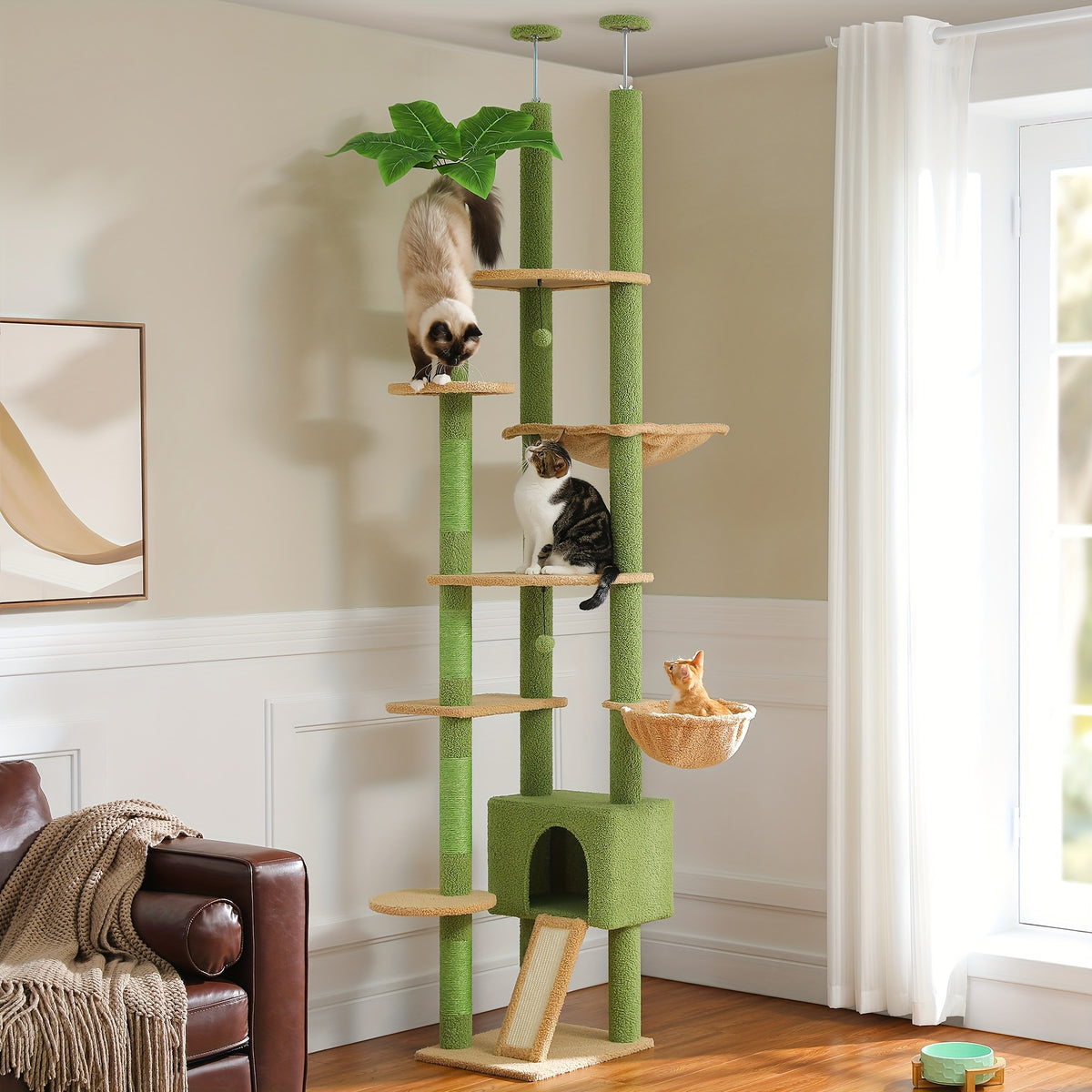 Adjustable Floor to Ceiling Cat Tree 90.5–100.4 Inches, Dual Top Support Indoor Tower with Condo, Hammocks, Climbing Platforms and Scratching Posts