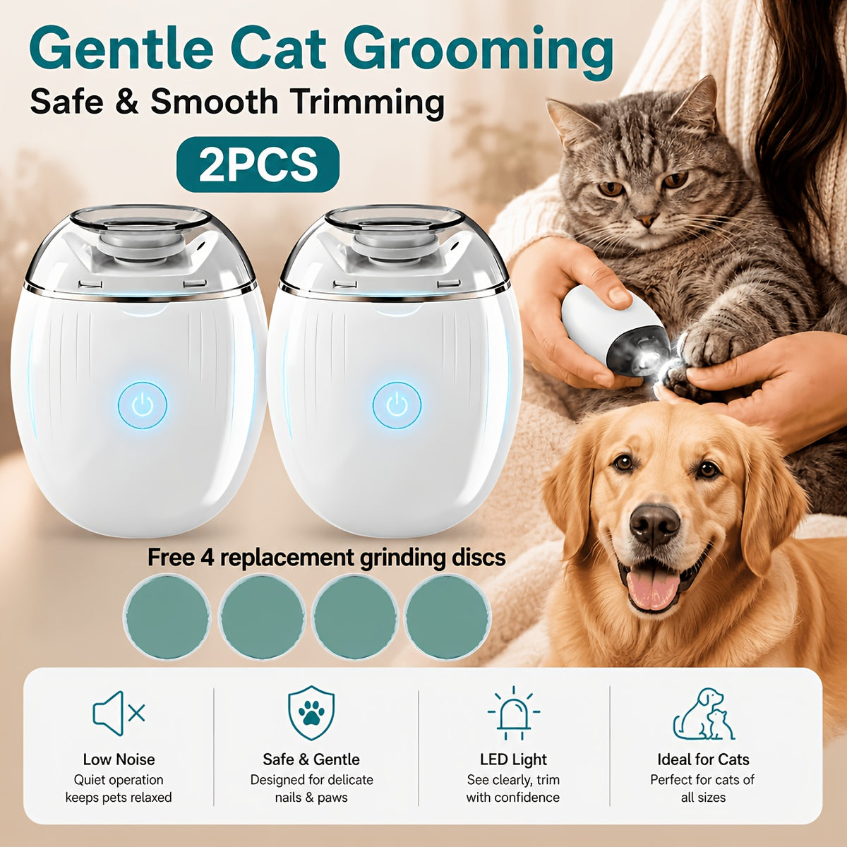 Rechargeable Pet Nail Polisher with LED Light, Compact Adjustable-Speed Electric Nail File for Dogs and Cats, Single or Two-Pack with Spare Discs
