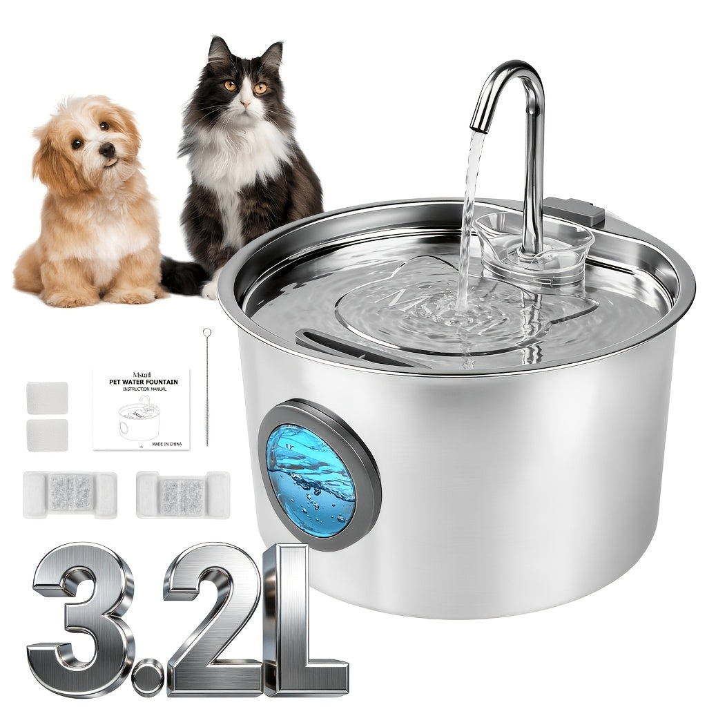 Dog Water Fountain 108oz 3.2L, 304 Stainless Steel Pet Drinking Dispenser with Round Water Level Window and 2, 4 or 8 Filter Bundles for Cats and Dogs