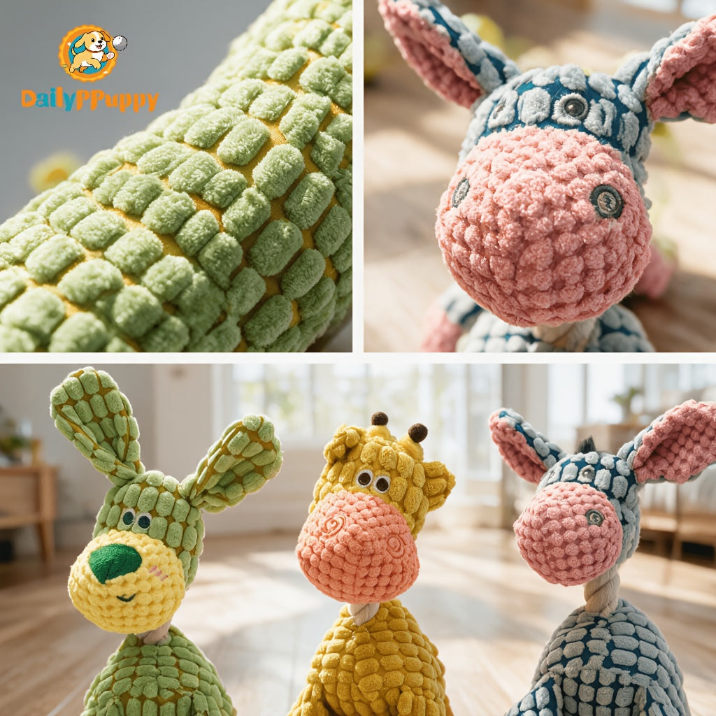 Rope Neck Squeaky Dog Toys 3 Pack, Colorful Plush Animal Play Set with Donkey Design for Small and Medium Dogs, Supervised Gentle Chewing