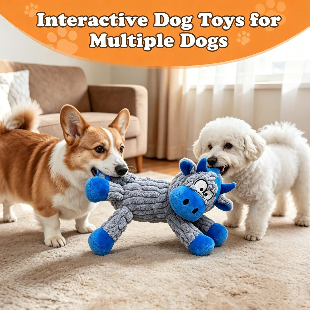 Squeaky Cow Dog Toy in Blue and Gray, Battery-Free Plush Puppy Toy for Small and Medium Dogs, Supervised Gentle Tug and Interactive Play