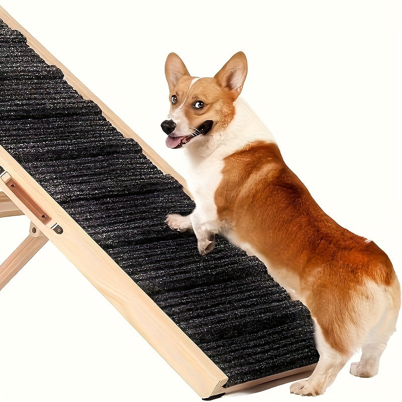 Dog Ramp with Guardrails for Bed and Couch Access, Adjustable Wooden Pet Climbing Ramp with Textured Traction Surface and Folding Support