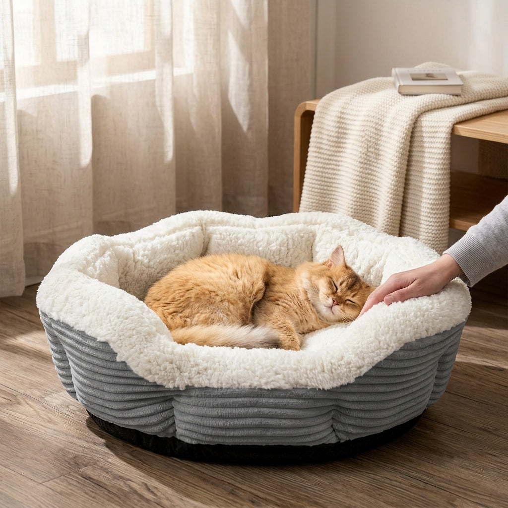 Machine Washable Pet Bed for Cats and Dogs, Thick Plush Winter Sleeping Cushion with Non-Slip Base, Pink or Gray in Round and Rectangle Options