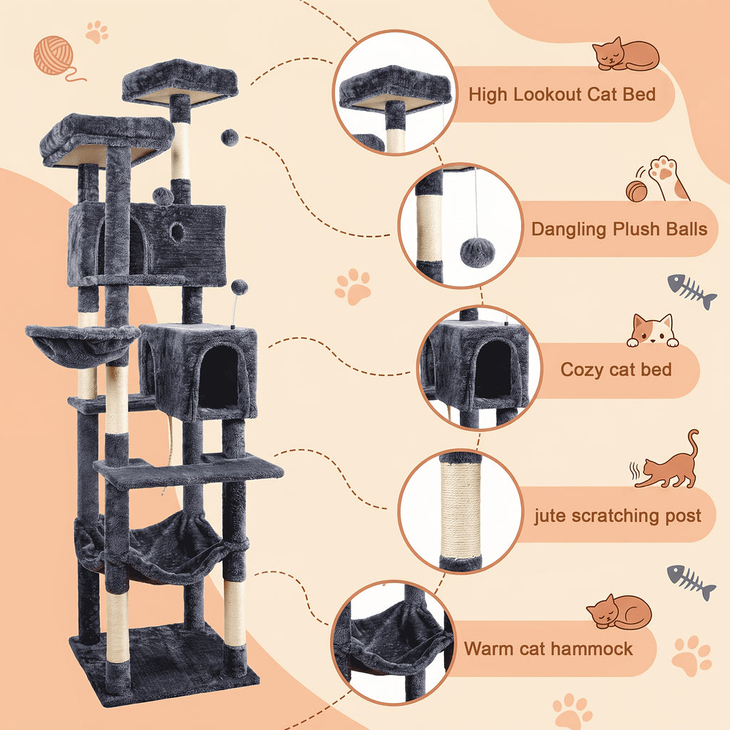 Multi-Level Cat Tree with Plush Resting Areas and Scratching Posts, Indoor Cat Tower in Three Colors with Separate Replacement Column Options