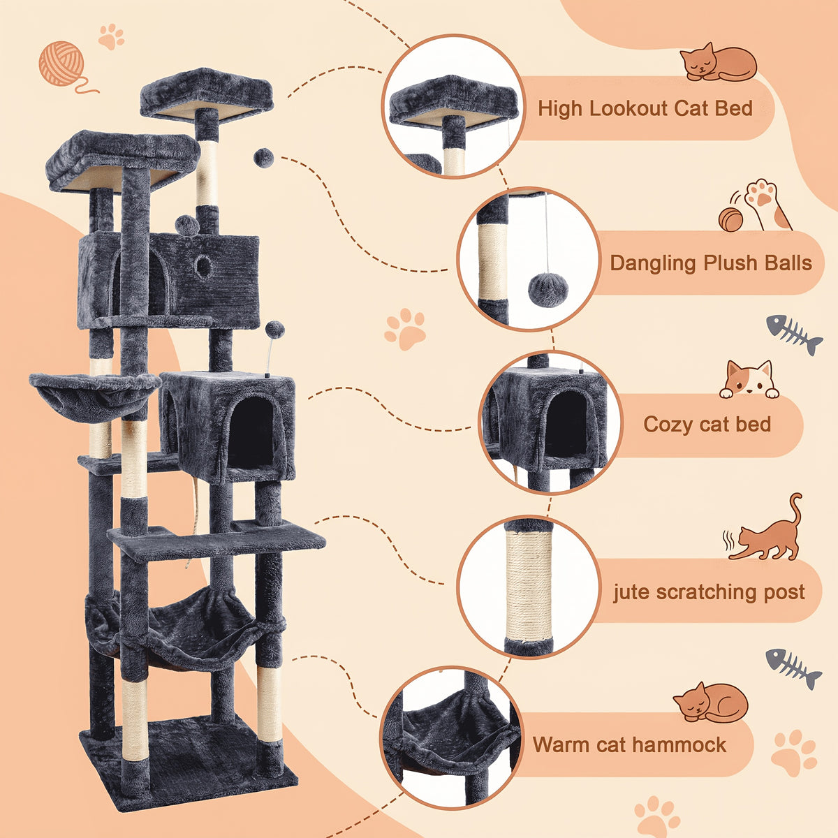 Multi-Level Cat Tree with Plush Resting Areas and Scratching Posts, Indoor Cat Tower in Three Colors with Separate Replacement Column Options