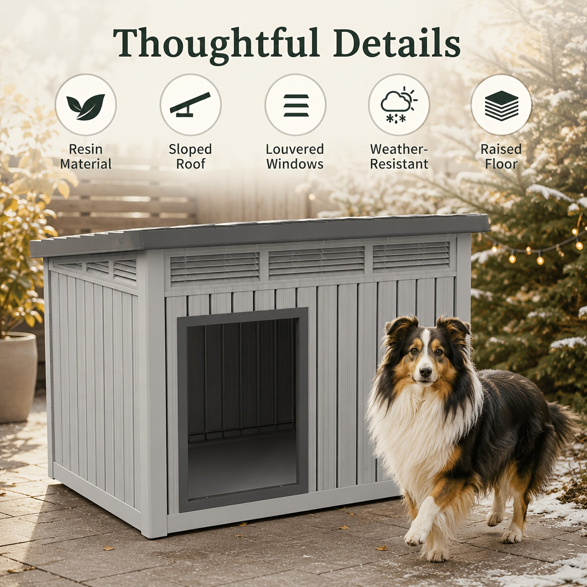 Resin Dog House 33 Inch with Slanted Roof and Ventilation Openings, UV-Resistant Outdoor Pet Shelter in Black or Grey for Backyard Rest