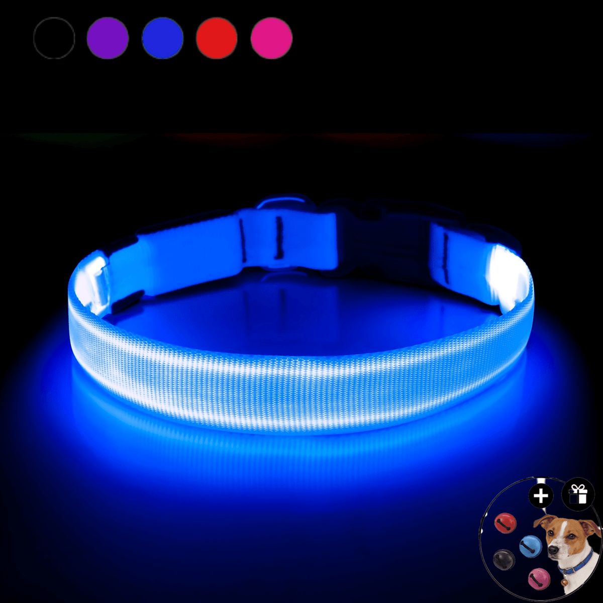 Light Up Dog Collar with 4 Bells, Micro USB Rechargeable LED Nylon Pet Collar with Adjustable Fit, Plastic Buckle and D-Ring for Night Walks