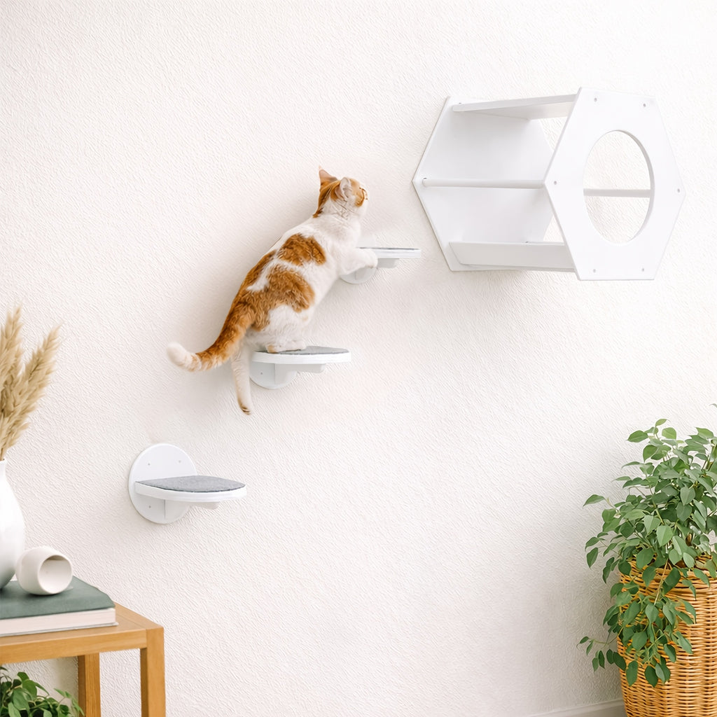 Cat Wall Shelves with Hexagon House, 4-Piece Wooden Climbing Furniture Set with 3 Steps and Scratching Post for Small and Medium Indoor Cats up to 20 lbs