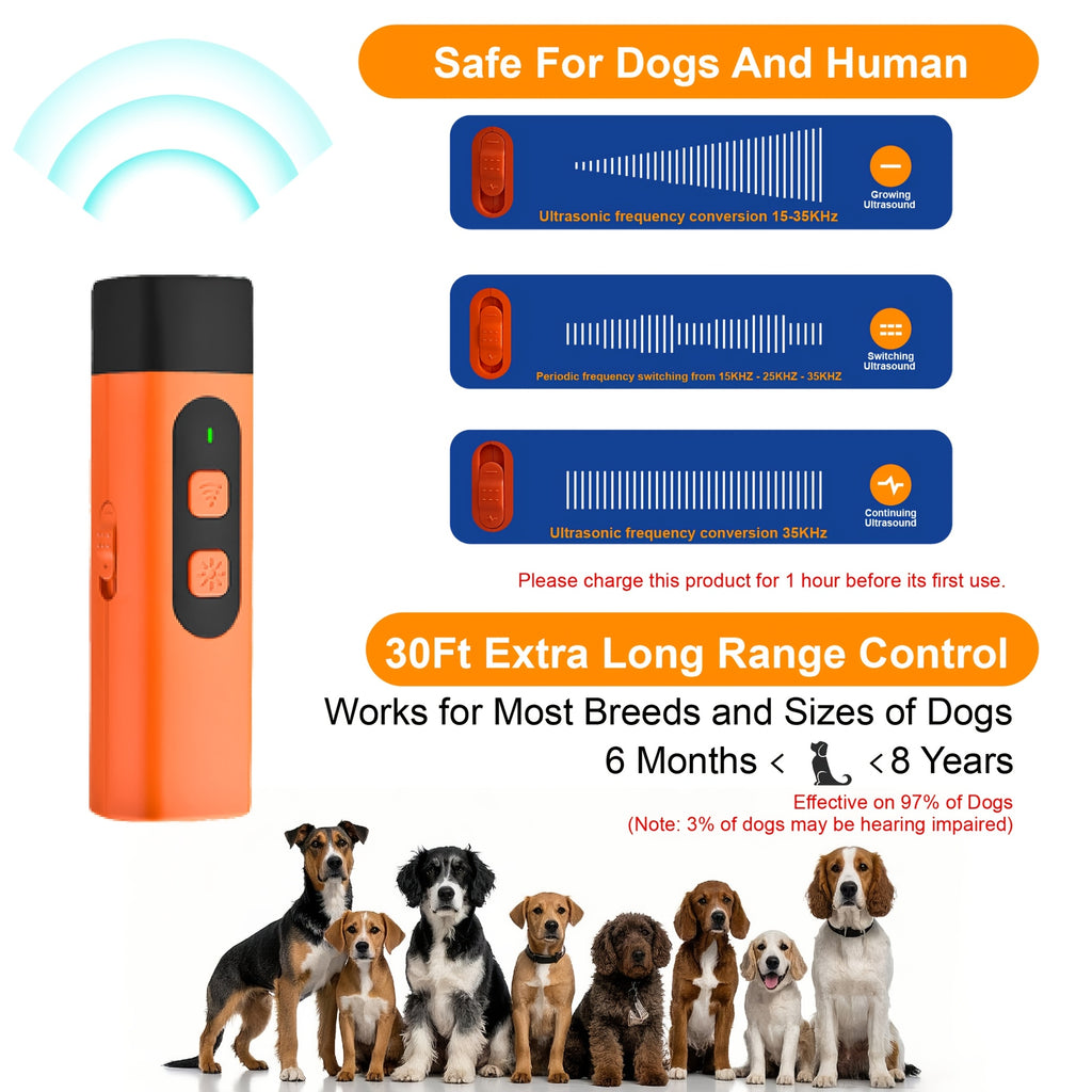 Rechargeable Ultrasonic Dog Bark Deterrent Device with LED Flashlight, Listed 30ft Range and Steady or Flashing Light Modes, Orange Training Tool