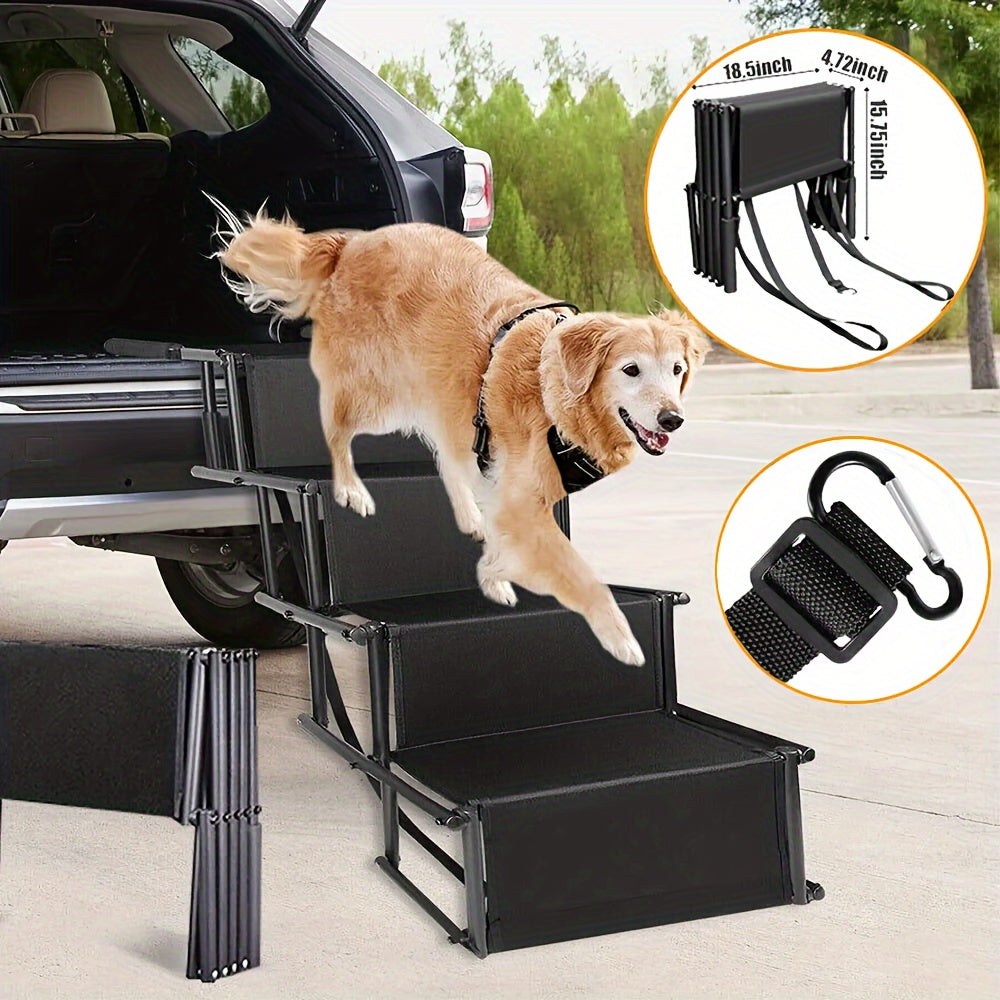 Folding Dog Car Stairs with Non-Slip Steps, Collapsible Pet Access Ladder with Attachment Strap for Cars, SUVs and Trucks, Black Upgrade Model