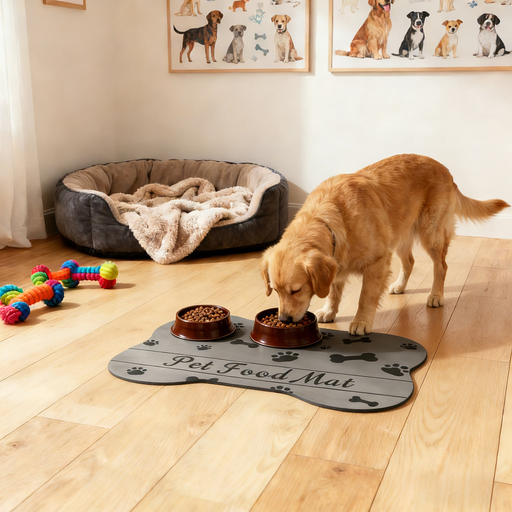 Dog Bowl Mat with Rubber Backing, Absorbent Non-Slip Pet Feeding Pad for Cat and Dog Food and Water Bowls, Two Sizes and Three Footprint Styles