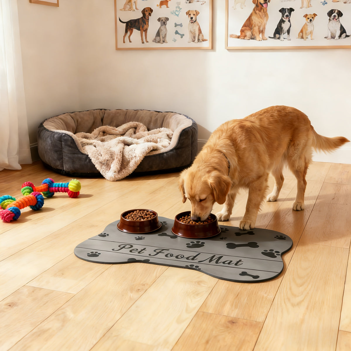 Dog Bowl Mat with Rubber Backing, Absorbent Non-Slip Pet Feeding Pad for Cat and Dog Food and Water Bowls, Two Sizes and Three Footprint Styles