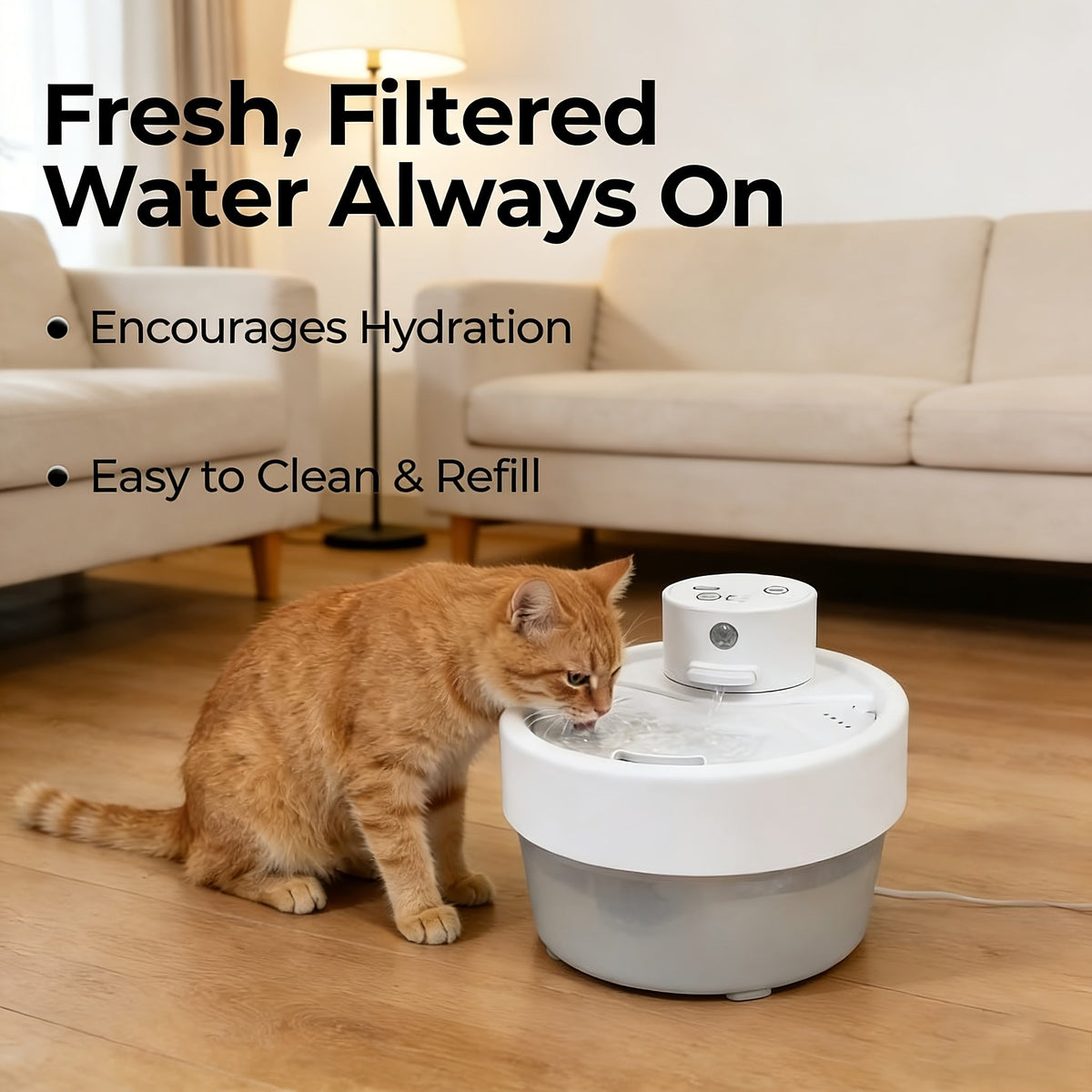 Cat Water Fountain 1L with USB Cable, Compact Automatic Circulating Pet Drinking Dispenser with Visible Reservoir for Indoor Cats and Small Dogs