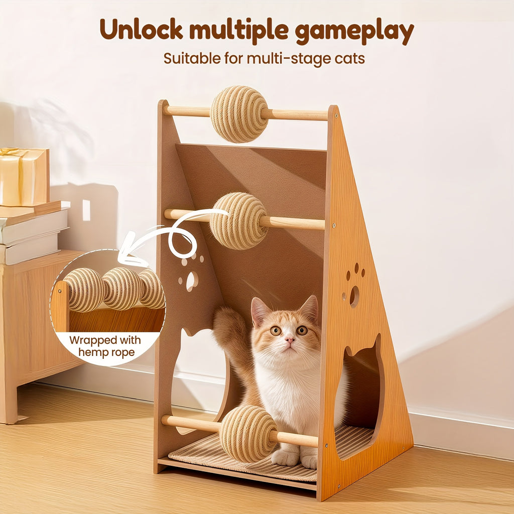 Cat Scratching Board with Sisal Pads and 3 Teaser Balls, 27-Inch Listed Indoor Cat Scratcher for Everyday Claw Scratching and Interactive Play