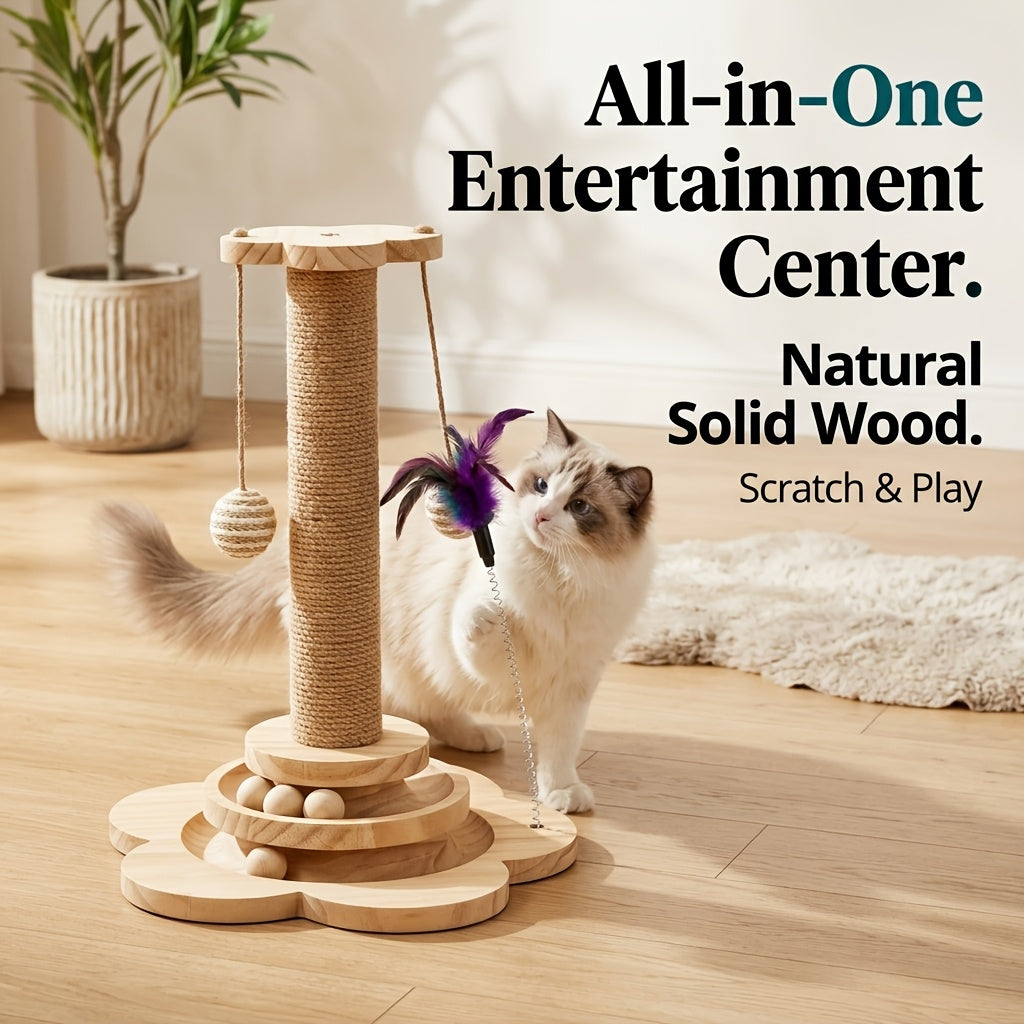 Kitten Scratching Post with Wooden Ball Track, Rope-Wrapped Indoor Cat Activity Toy with Hanging Balls and Feather Teaser, Post and DIY Accessory Options