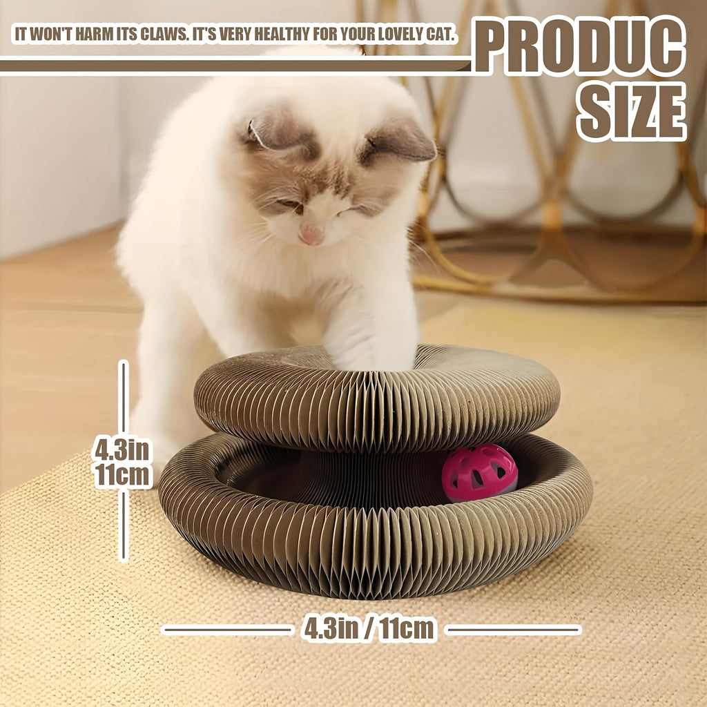Accordion Cat Scratcher with Ball Track, Foldable Corrugated Cardboard Scratching Pad for Indoor Cats, Brown with Bell Bundle Option