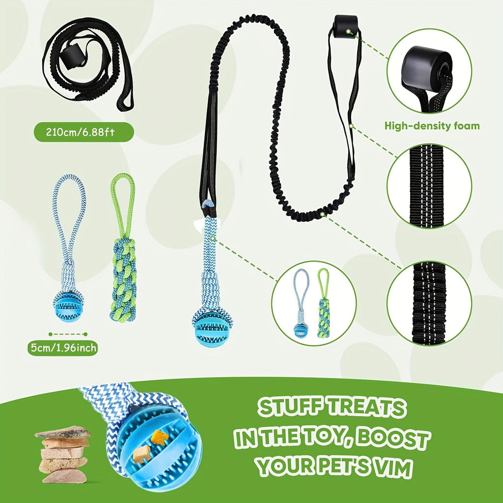 Dog Bungee Tug Toy Set for Small and Medium Dogs, Tree Hanging Tether with Two Chew Ropes and Puzzle Ball for Interactive Backyard Play