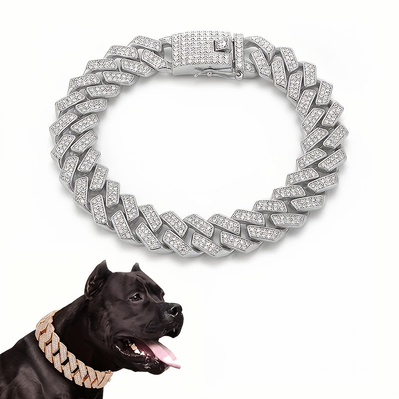 Cuban Chain Dog Collar with Rhinestones, 14mm Wide Metal Pet Necklace in Golden, White or Red for Dress-Up Photos, Parties and Holiday Gifts