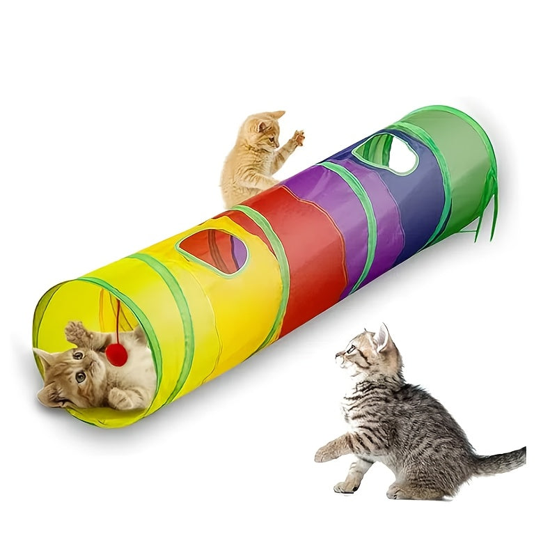 Rainbow Cat Play Tunnel, Collapsible S-Shaped or 3-Way Tubes with Peek Holes and Ball Features, Single or Two-Pack Options for Indoor Cat Play