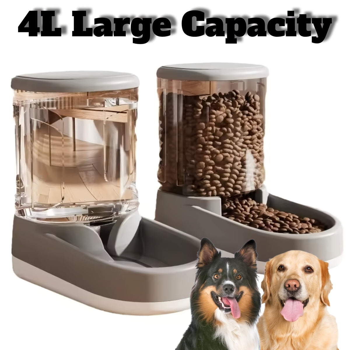 Automatic Dog Feeder and Waterer Set, 2-Piece Plastic Gravity Food and Water Dispensers with Clear Reservoirs for Small, Medium and Large Dogs