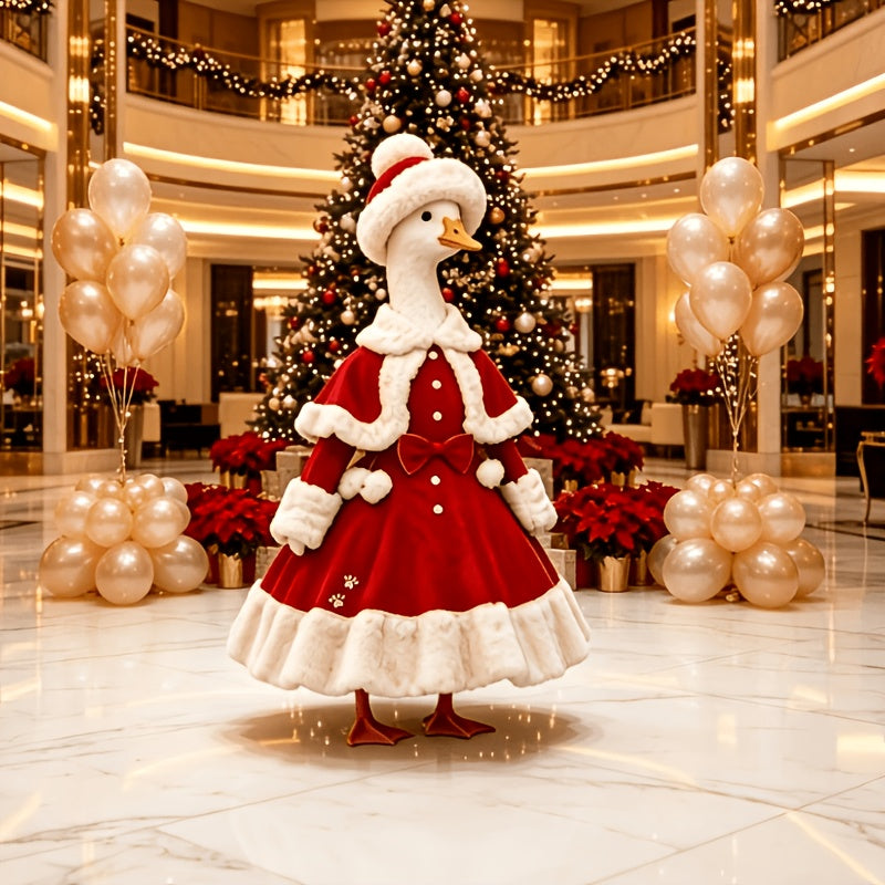 Porch Goose Christmas Costume with Hat for 23-Inch Decorative Statues, Red Holiday Outfit for Seasonal Entryway, Lawn and Garden Displays