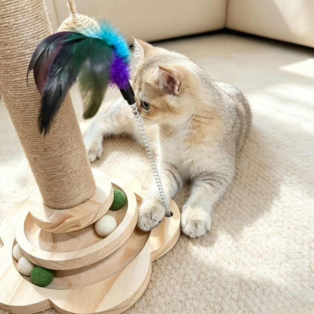 Cat Scratching Post with Six Wooden Balls, Brown Multi-Level Sisal Scratcher with Two Hanging Balls and Two Feather Toys for Indoor Play