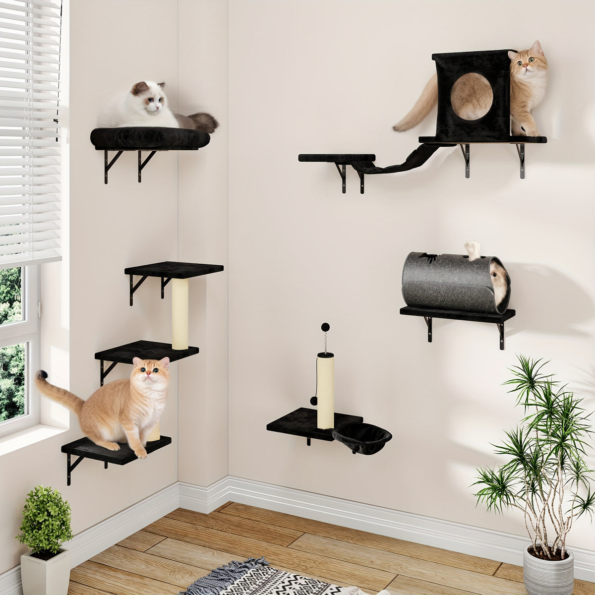 Cat Climbing Wall Shelves Set, Wall-Mounted Indoor Cat Furniture with Condo, Scratching Post, Bridge Ladder and Tunnel for Play and Rest