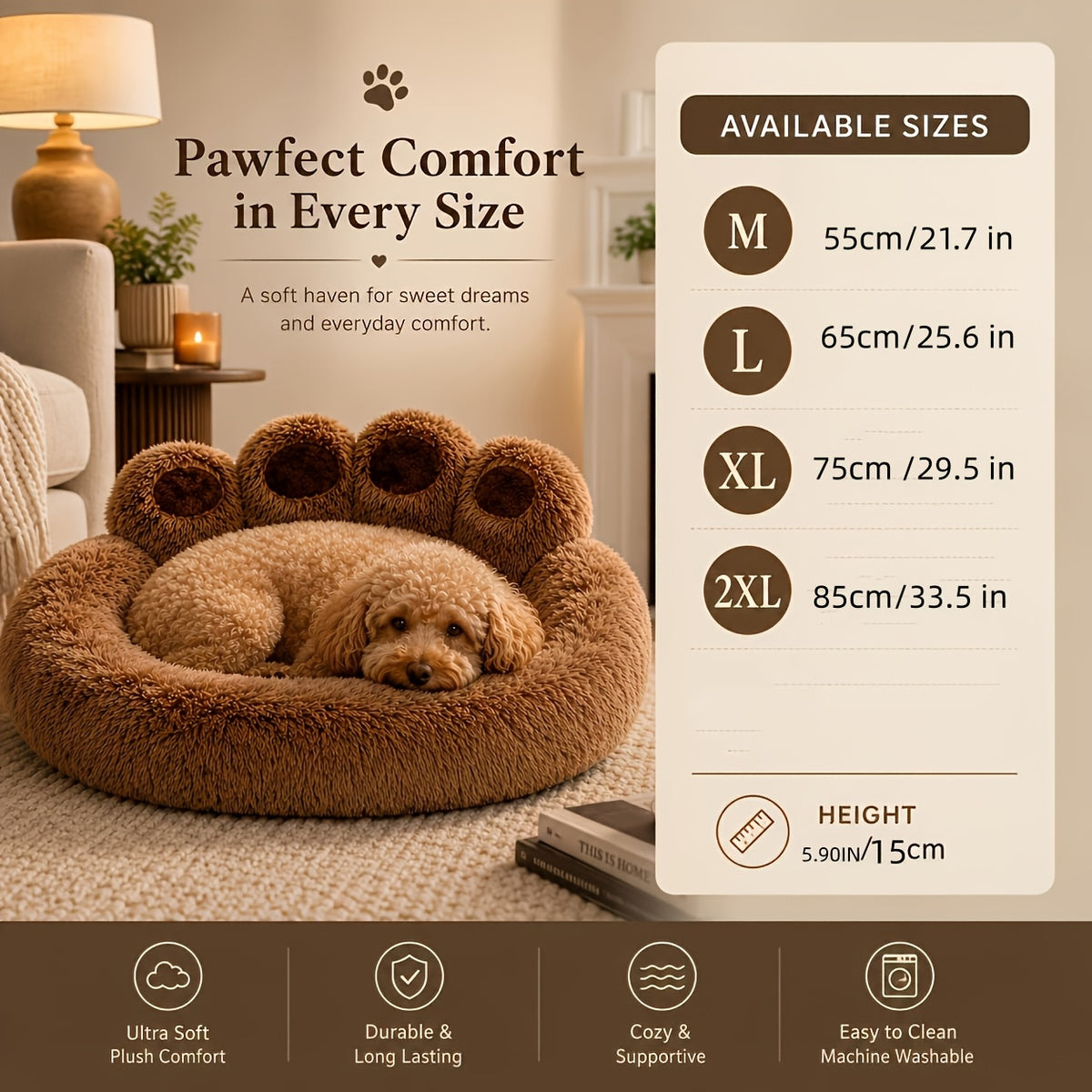Bear Paw Pet Sofa Bed for Dogs and Cats, Soft Faux Plush Sleeping Nest with Raised Edges in Pink, Grey or Hazelnut, Four Sizes from 55 to 85 cm